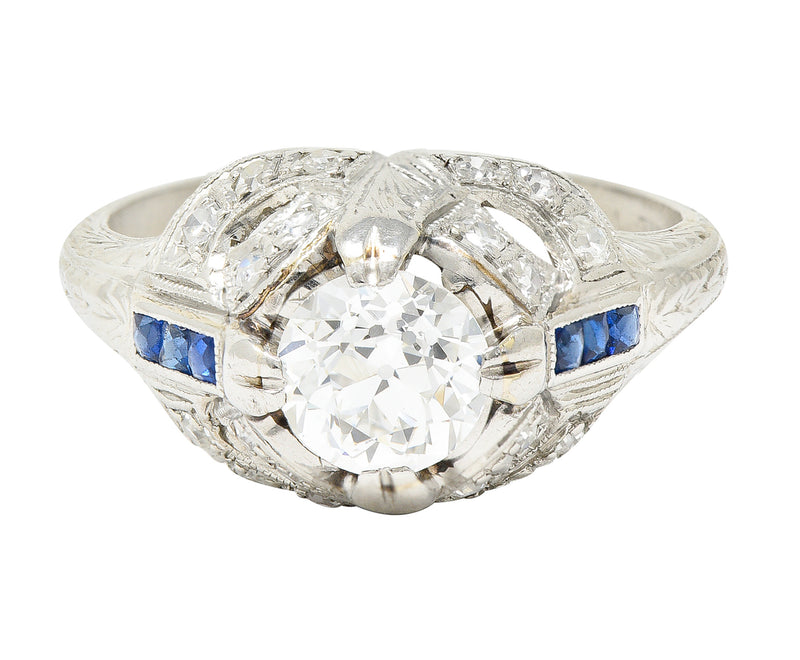 Art Deco 1.19 CTW Old European Cut Diamond Sapphire Platinum Ribbon Antique Engagement Ring