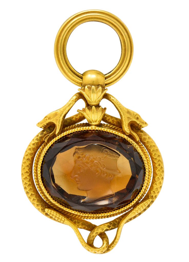 Victorian Citrine 14 Karat Yellow Gold Hermes Intaglio Snake Antique Fob Pendant