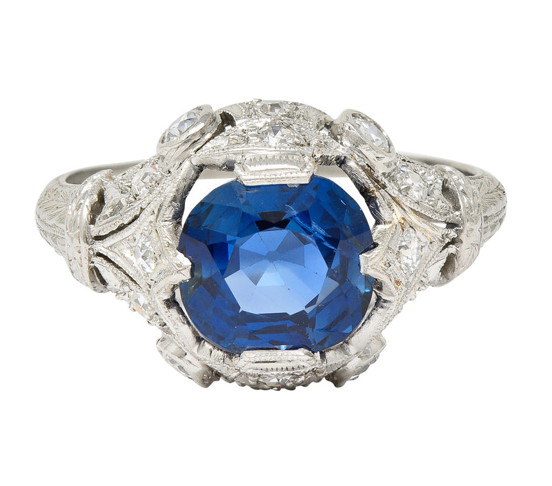 Art Deco 3.21 CTW No Heat Cushion Cut Sapphire Diamond Platinum Fleur-De-Lis Gemstone Ring