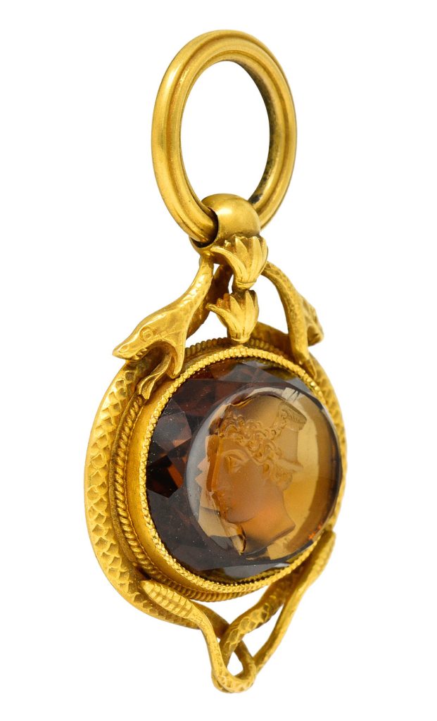 Victorian Citrine 14 Karat Yellow Gold Hermes Intaglio Snake Antique Fob Pendant