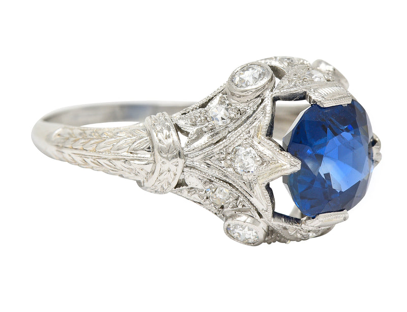 Art Deco 3.21 CTW No Heat Cushion Cut Sapphire Diamond Platinum Fleur-De-Lis Gemstone Ring