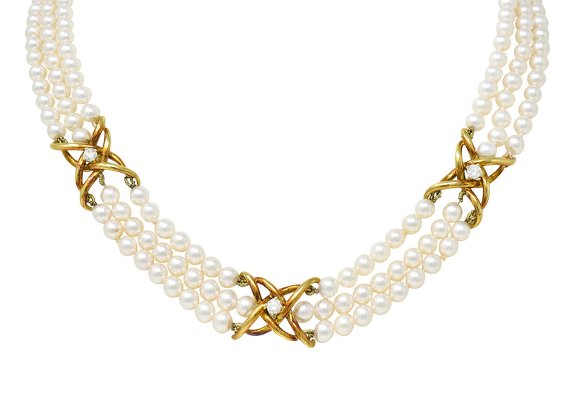 Tiffany & Co. Pearl Diamond 18 Karat Gold Vintage Multi-Strand Necklace