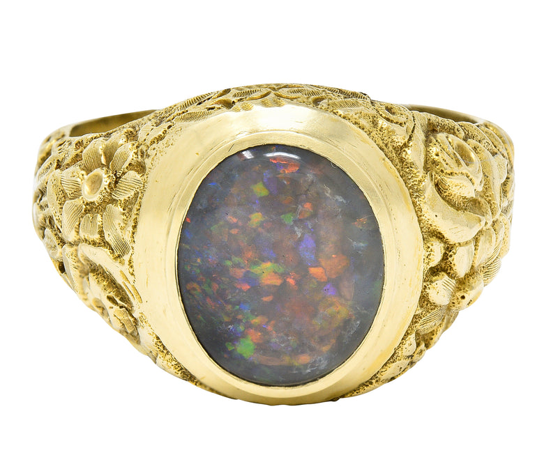 Late Victorian Black Opal 14 Karat Gold Unisex Floral Signet Ring