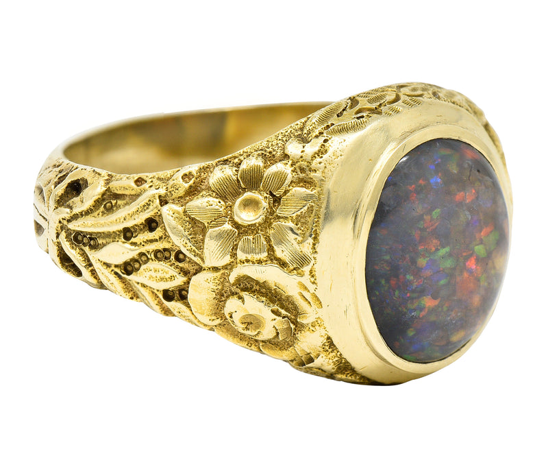 Late Victorian Black Opal 14 Karat Gold Unisex Floral Signet Ring