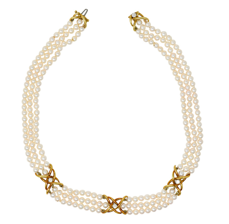 Tiffany & Co. Pearl Diamond 18 Karat Gold Vintage Multi-Strand Necklace