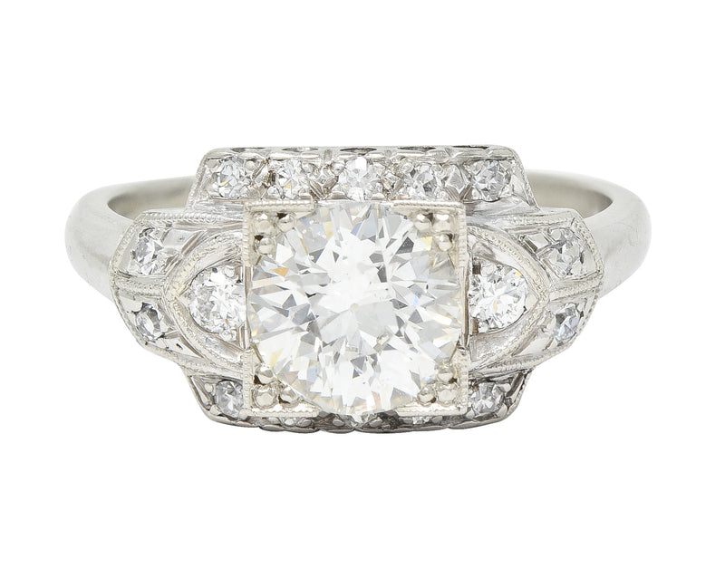 Art Deco 1.39 CTW Old European Cut Diamond 14 Karat White Gold Stepped Vintage Engagement Ring