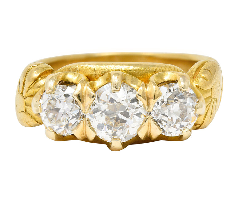 Tiffany & Co. Victorian 1.40 CTW Old European Cut Diamond 18 Karat Yellow Gold Snake Belcher Set Antique Three Stone Ring