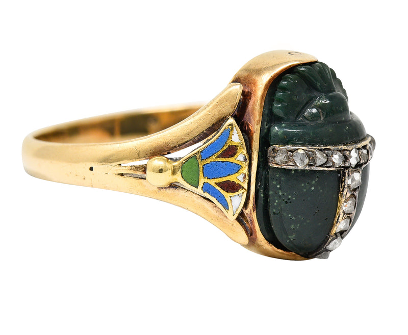 Victorian Egyptian Revival Diamond Enamel Carved Nephrite 14 Karat Yellow Gold Scarab Lotus Antique Ring