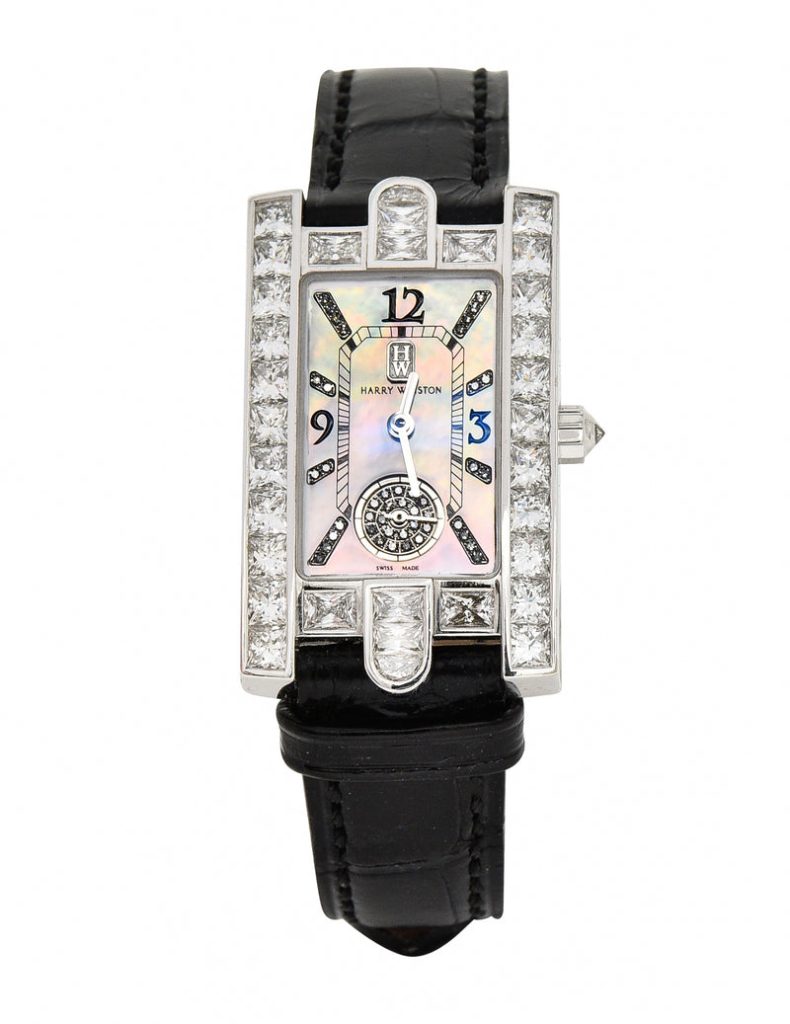 Harry Winston French Cut 6.50 CTW Diamond Mother-Of-Pearl 18 Karat White Gold Leather Quartz Avenue Classic  Women’s Watch