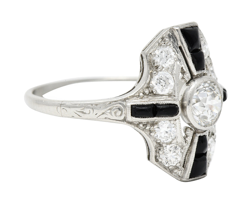 Tiffany & Co. Art Deco Old European Cut Diamond Onyx Platinum Shield Scroll Dinner Ring