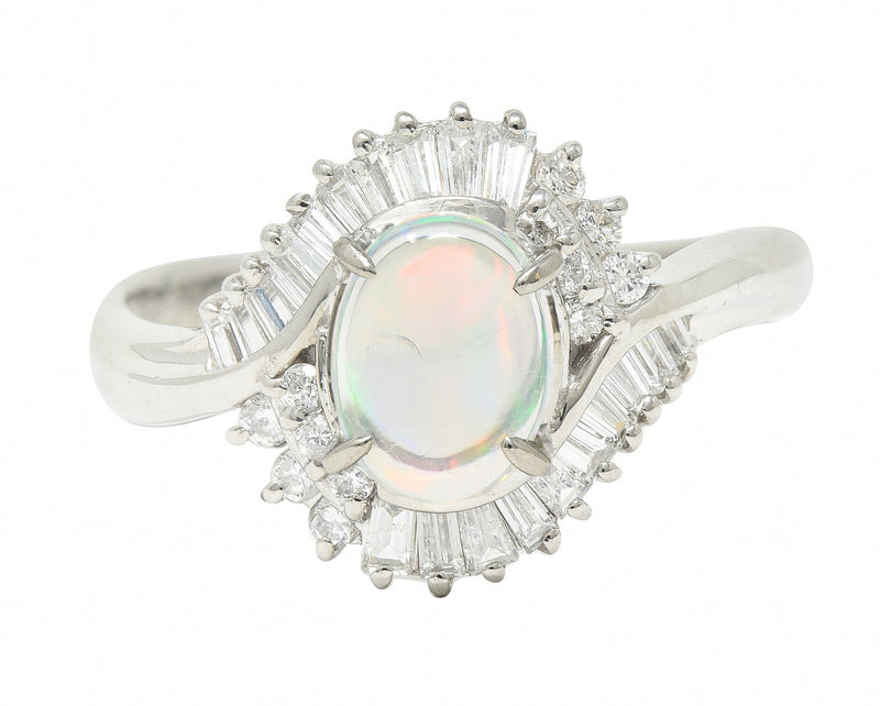 Contemporary Diamond Jelly Opal Platinum Swirl Bypass Cluster Ring