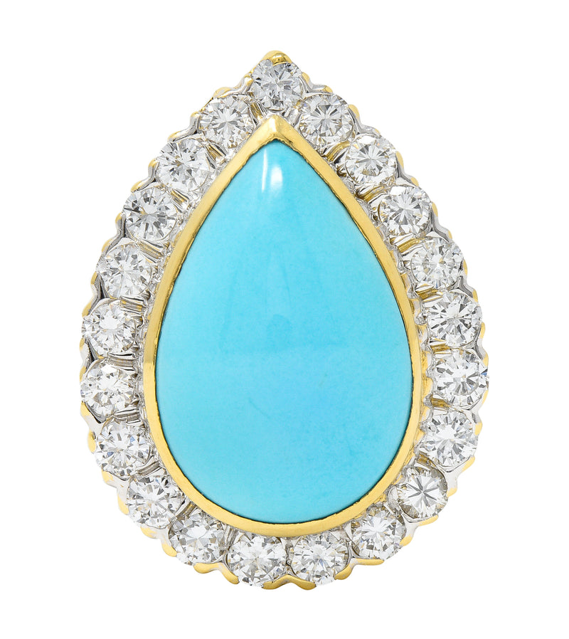 David Webb 1970’s Turquoise Pear Shaped Cabochon Diamond Platinum-Topped 18 Karat Yellow Gold Vintage Halo Ring