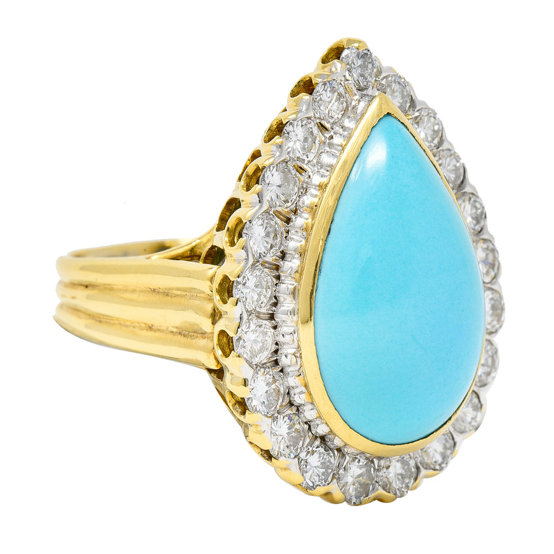 David Webb 1970’s Turquoise Pear Shaped Cabochon Diamond Platinum-Topped 18 Karat Yellow Gold Vintage Halo Ring