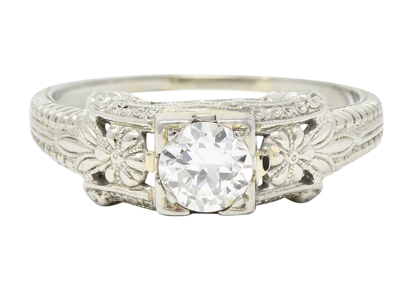 Art Deco 0.45 CTW Old European Cut Diamond 18 Karat White Gold Orange Blossom Engagement Ring