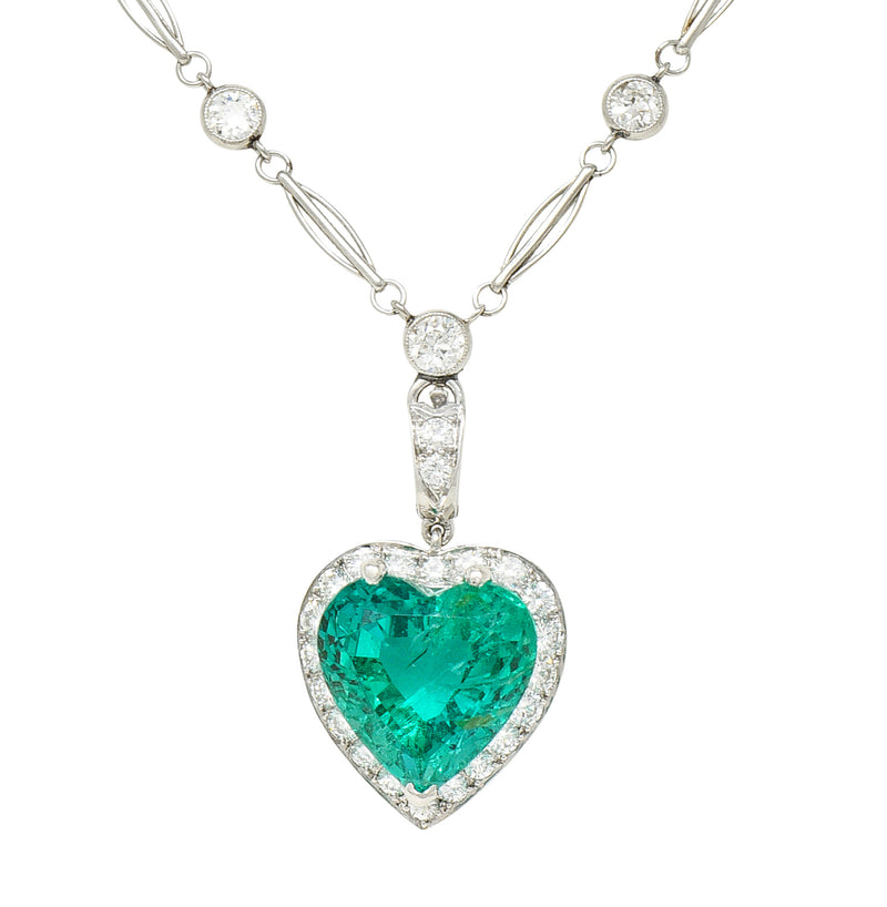 Exceptional 14.64 CTW Heart Cut Colombian Emerald Diamond Platinum Vintage 1950’s Enhancer Pendant Necklace AGL Heart