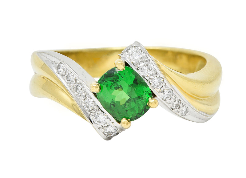 1980s 1.65 CTW Tsavorite Garnet Diamond 18 Karat Two-Tone Gold Bypass Ring