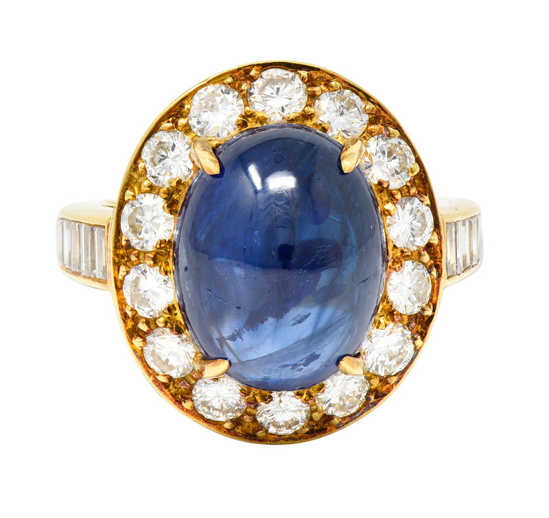 Van Cleef & Arpels 1980’s 9.86 CTW Sapphire Cabochon Diamond 18 Karat Yellow Gold Vintage Halo Ring