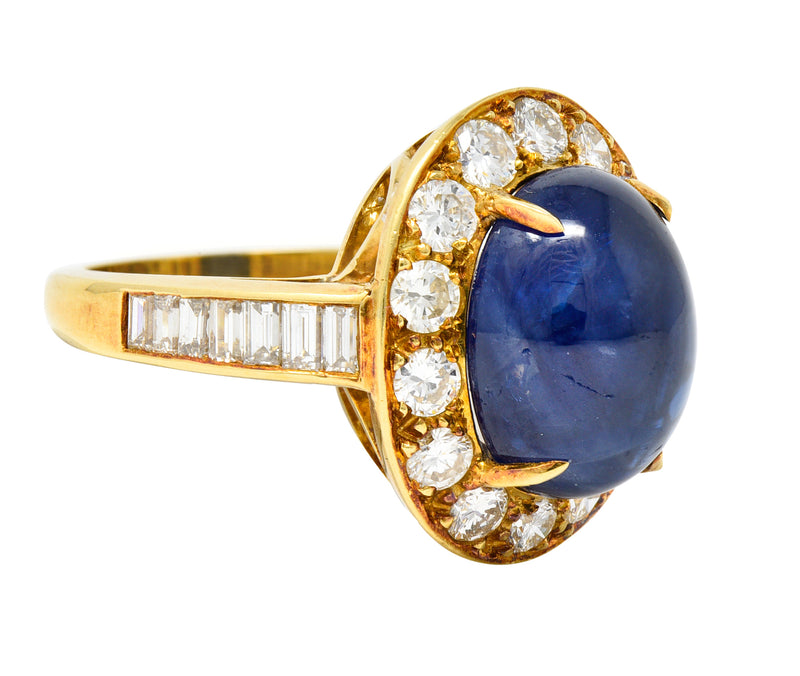 Van Cleef & Arpels 1980’s 9.86 CTW Sapphire Cabochon Diamond 18 Karat Yellow Gold Vintage Halo Ring