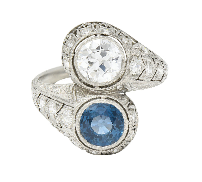 Art Deco 2.28 CTW Old European Cut Diamond Sapphire Platinum Toi Et Moi Wheat Vintage Bypass Ring