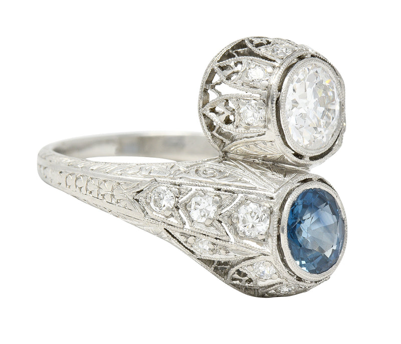 Art Deco 2.28 CTW Old European Cut Diamond Sapphire Platinum Toi Et Moi Wheat Vintage Bypass Ring