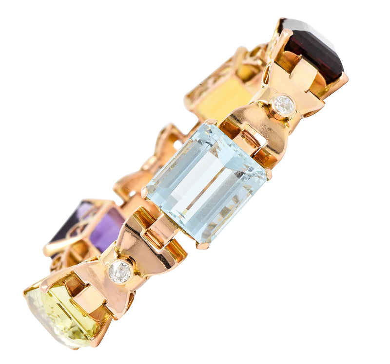 Retro Old European Cut Diamond Amethyst Aquamarine Citrine Tourmaline 14 Karat Rose Gold Vintage Bow Bracelet