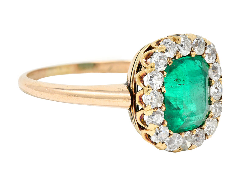 Victorian 2.51 CTW Cushion Cut Colombian Emerald Diamond 14 Karat Yellow Gold Antique Halo Ring GIA