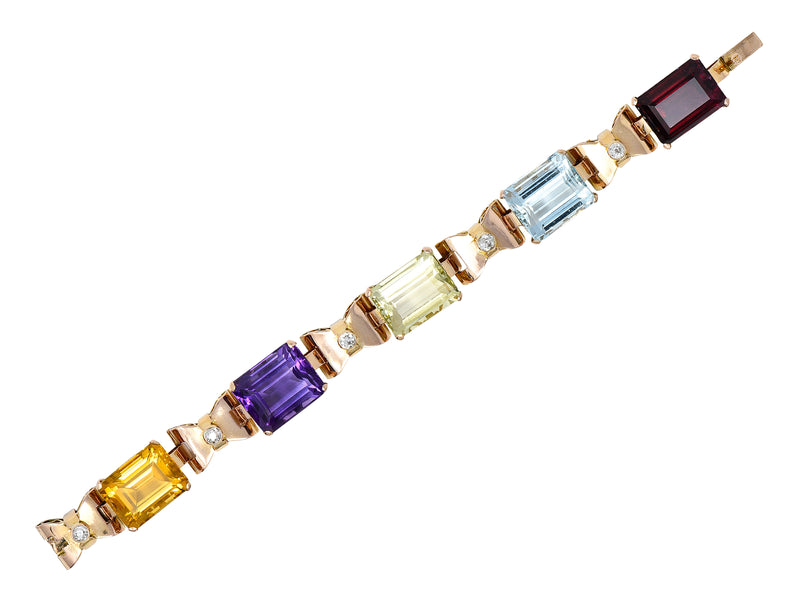 Retro Old European Cut Diamond Amethyst Aquamarine Citrine Tourmaline 14 Karat Rose Gold Vintage Bow Bracelet