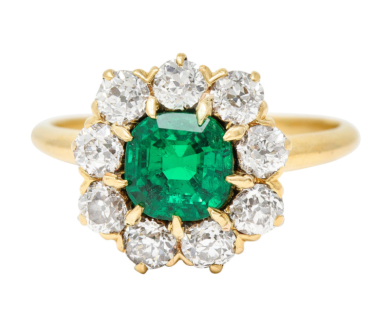 Victorian 2.11 CTW Cushion Cut Colombian Emerald Old European Cut Diamond 18 Karat Yellow Gold Cluster Ring GIA