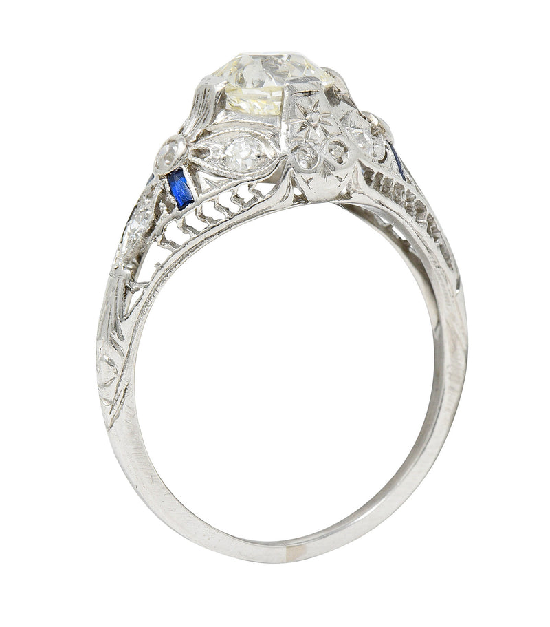 Belle Epoque 1.14 CTW Diamond Sapphire Platinum Bombe Engagement Ring GIA