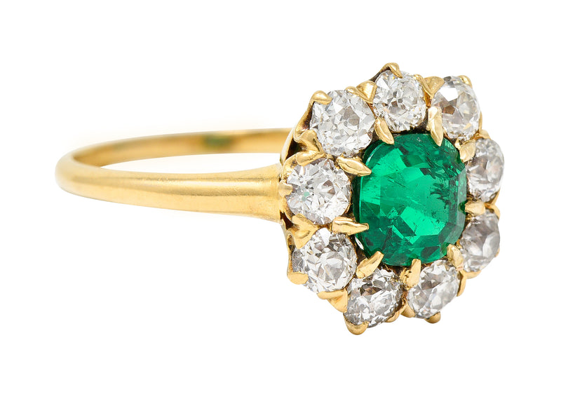 Victorian 2.11 CTW Cushion Cut Colombian Emerald Old European Cut Diamond 18 Karat Yellow Gold Cluster Ring GIA