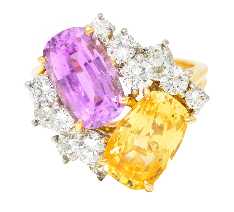 Oscar Heyman 11.12 CTW Pink & Yellow Sapphire Diamond Platinum 18 Karat Yellow Gold Cluster Cocktail Ring