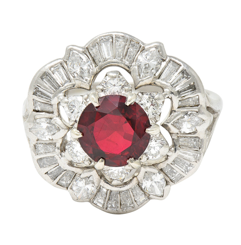 1950’s Mid-Century 2.77 CTW Red Spinel Diamond Platinum Cluster Cocktail Ring