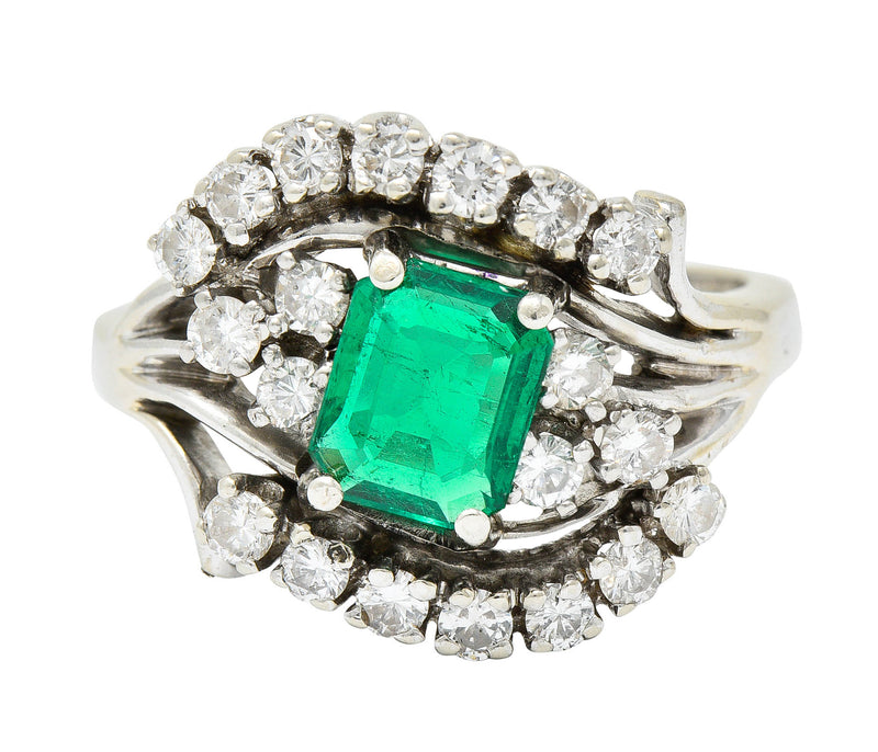 1950’s Mid-Century 1.59 CTW Emerald Diamond 14 Karat White Gold Bypass Ring