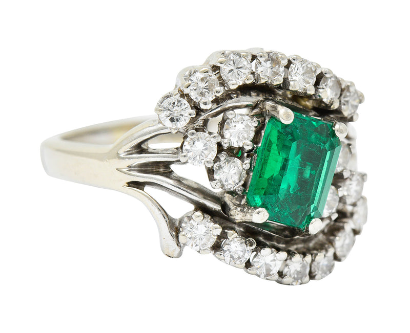 1950’s Mid-Century 1.59 CTW Emerald Diamond 14 Karat White Gold Bypass Ring