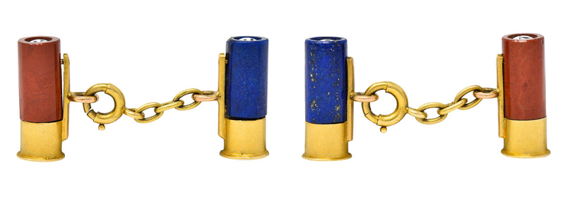 Victorian French Lapis Lazuli Carnelian Diamond Enamel 18 Karat Yellow Gold Bullet Cartridge Antique Interchangeable Cufflinks