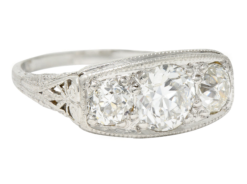 1920’s Art Deco 1.95 CTW Diamond Platinum Three Stone Dinner Ring