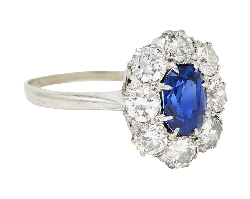 Edwardian 2.48 CTW No Heat Burma Sapphire Old European Cut Diamond Platinum Antique Halo Ring GIA