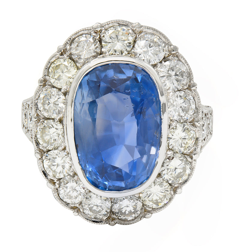 Mid-Century 10.90 CTW Cushion Cut No Heat Ceylon Sapphire Old European Cut Diamond 14 Karat White Gold Halo Ring GIA