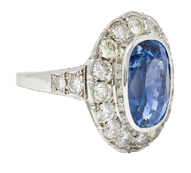 Mid-Century 10.90 CTW Cushion Cut No Heat Ceylon Sapphire Old European Cut Diamond 14 Karat White Gold Halo Ring GIA