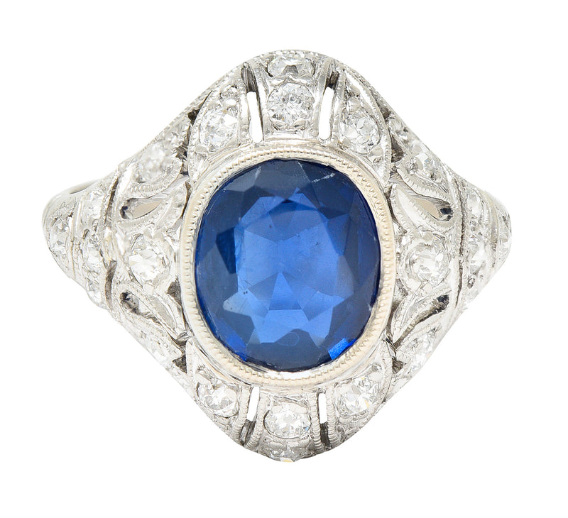 Art Deco 2.22 CTW Cushion Cut Sapphire Diamond Platinum Pierced Chevron Foliate Dinner Ring