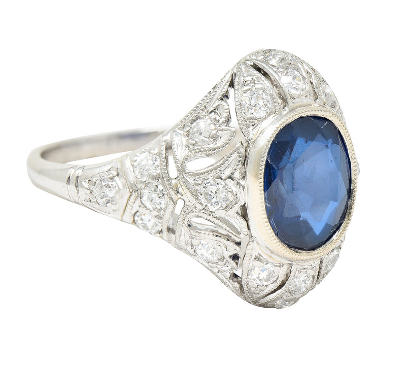 Art Deco 2.22 CTW Cushion Cut Sapphire Diamond Platinum Pierced Chevron Foliate Dinner Ring