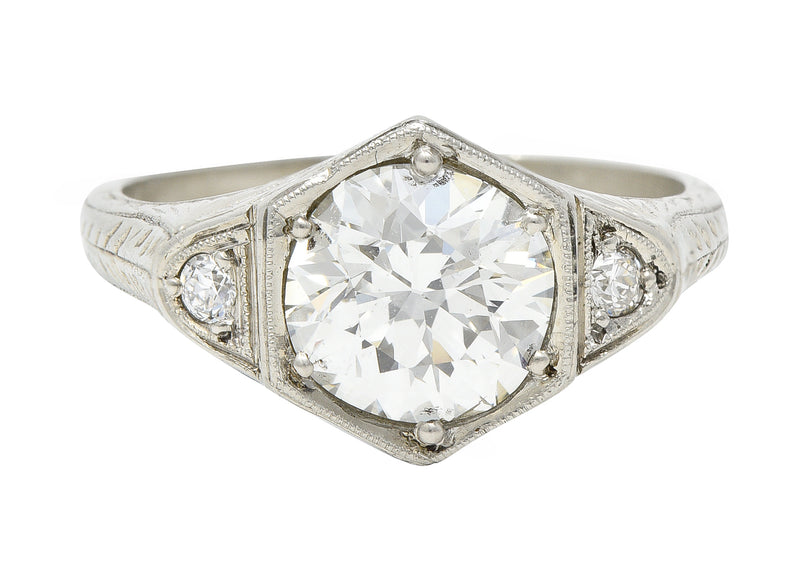 Art Deco 1.60 CTW Old European Cut Diamond 14 Karat White Gold Wheat Hexagonal Engagement Ring