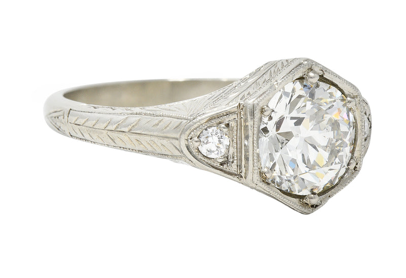 Art Deco 1.60 CTW Old European Cut Diamond 14 Karat White Gold Wheat Hexagonal Engagement Ring