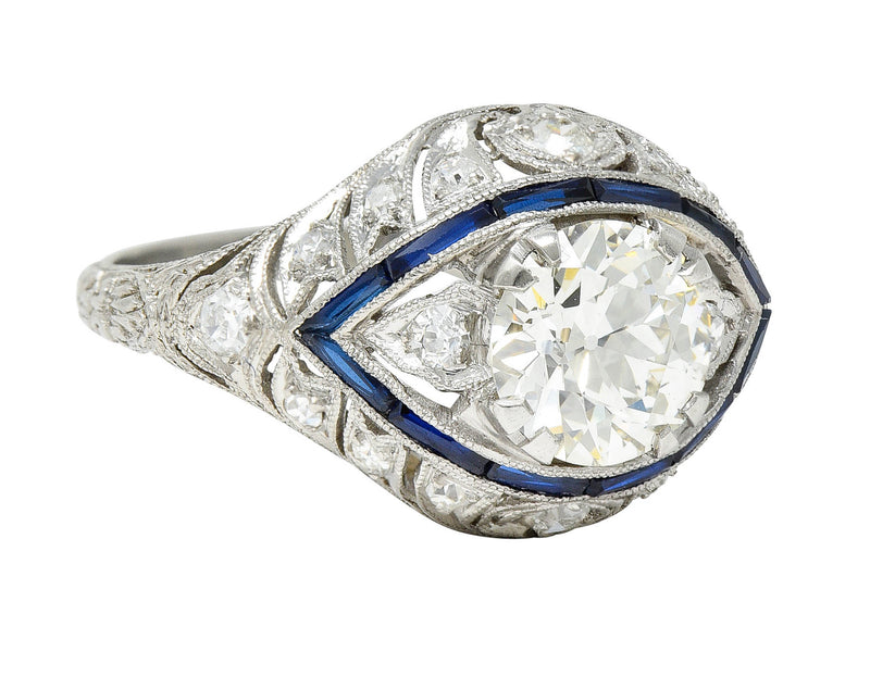 Art Deco 1.80 CTW Old European Cut Diamond Sapphire Platinum Vintage Engagement Ring