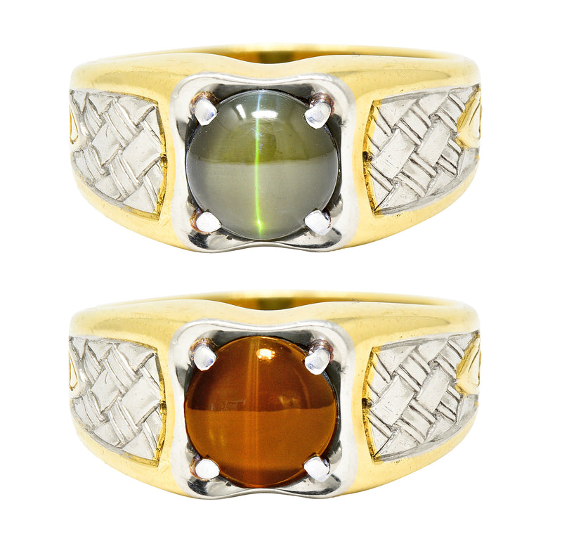 Jones & Woodland Art Deco 4.00 CTW Natural Cat’s Eye Alexandrite 18 Karat Two-Tone Gold Woven Unisex Signet Ring GIA