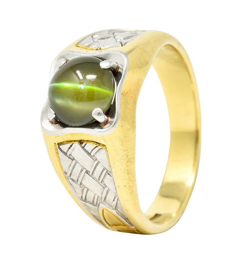 Jones & Woodland Art Deco 4.00 CTW Natural Cat’s Eye Alexandrite 18 Karat Two-Tone Gold Woven Unisex Signet Ring GIA