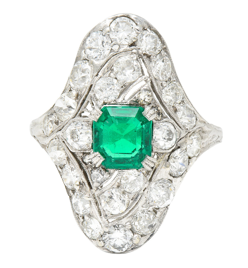 Art Deco 4.31 CTW Emerald Old European Cut Diamond Platinum Navette Wheat Dinner Ring