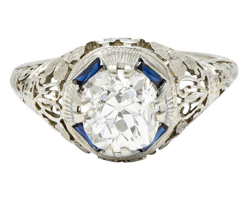 1920’s Art Deco 1.76 CTW Diamond Sapphire 18 Karat White Gold Floral Antique Engagement Ring