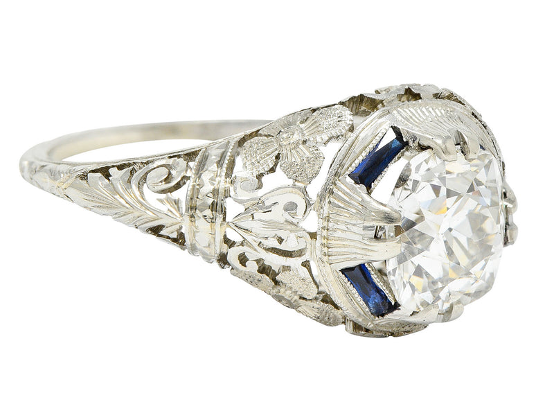 1920’s Art Deco 1.76 CTW Diamond Sapphire 18 Karat White Gold Floral Antique Engagement Ring