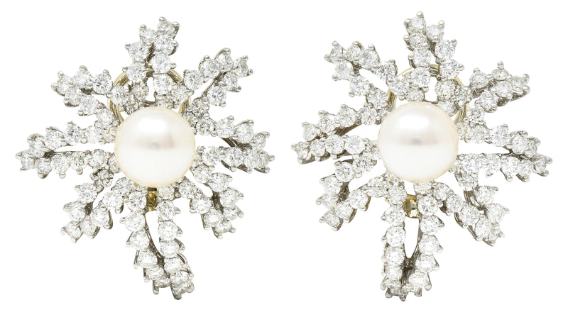 Tiffany & Co. 1993 4.62 CTW Diamond Pearl Platinum Fireworks Vintage Ear-Clip Earrings